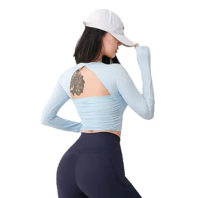 Langarm-Sportoberteil aus Mesh, offener Rücken, gepolstert, für Yoga und Pilates