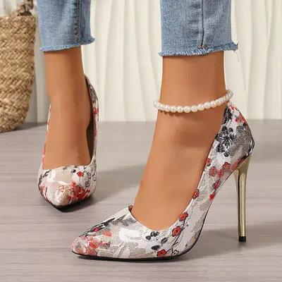 Plus Size Women's Shoes 35-45, Floral Thin Heel Pumps