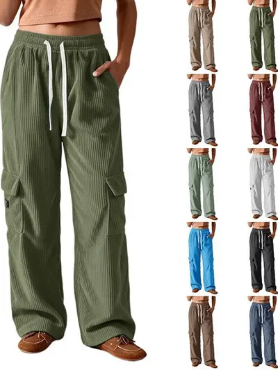 Damen-Cordhose im Retro-Stil mit vertikalen Streifen, weit geschnitten