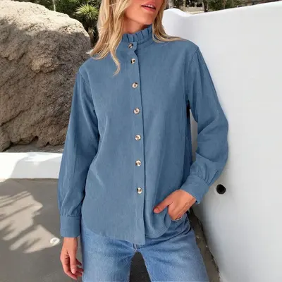 Women's Solid Color Ruffle Collar Corduroy Shirt Jacket