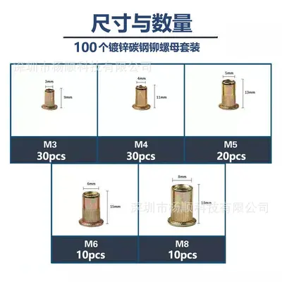 Carbon Steel Zinc-Plated Blind Rivet Nut Set M3-M8, 100 Pcs in Box