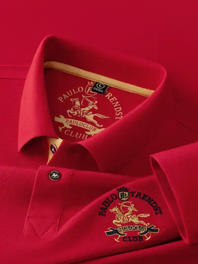Men's Long Sleeve Polo Shirt, Chinese Red, Embroidered Horse Logo