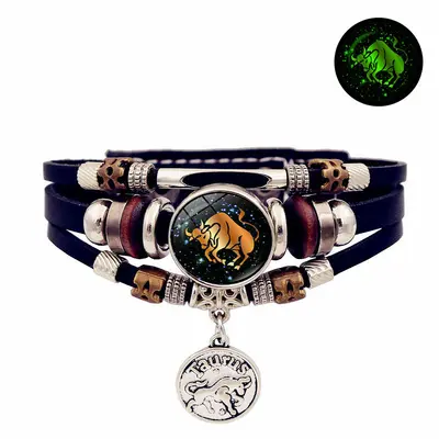Luminous 12 Zodiac Leather Bracelet, Handmade Multi-Layer Beaded Couple Gift