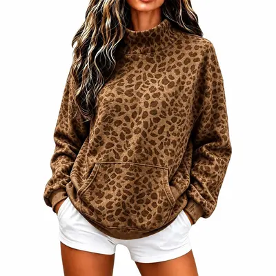 Women's Leopard Print High-Neck Sweatshirt, Loose Fit, Long Sleeve, Autumn Winter - 11