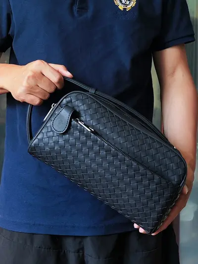 Men's Clutch Bag, Waxed Napa Leather, Woven Pattern, Double Zipper