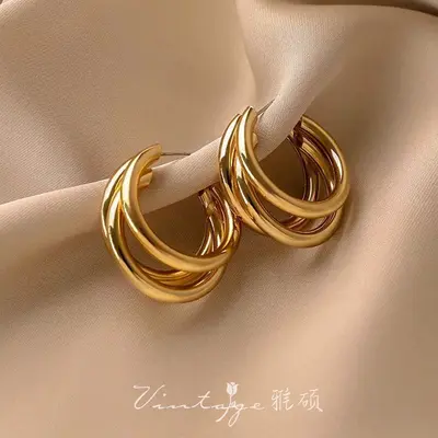 金色耳环女925银针复古气质显瘦耳圈耳钉轻奢高级感金属耳耳坠饰 - 13