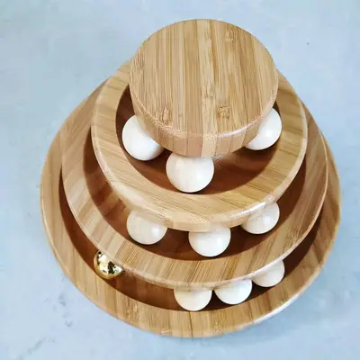 Solid Wood Cat Turntable Toy with Rolling Ball, Chew-Resistant, Customizable - 9