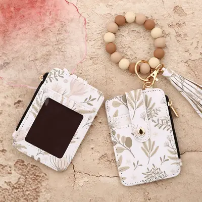 Floral PU Leather Women's Card Holder Wallet with Silicone Bead Bracelet