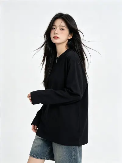 Langarm-Damen-T-Shirt, weiß, 100 % Baumwolle, Rundhals, lockere Passform