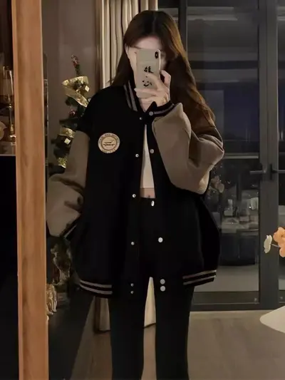 Kadınlar için sınır ötesi tembel stil beyzbol ceketi, sonbahar ve kış polar astarlı kalın retro gevşek gündelik hırka sweatshirt ins trendi