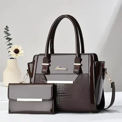 Women's Crocodile Pattern Glossy Leather Crossbody Bag Set, 2-Piece, Korean Style - 3
