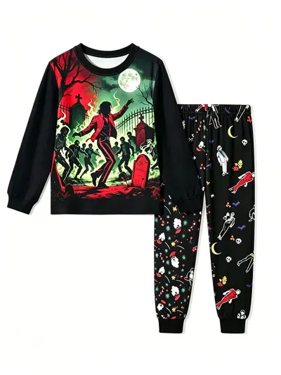 Kinder Halloween-Hausanzug, MJ Zombie-Motiv, Langarm und lange Hose