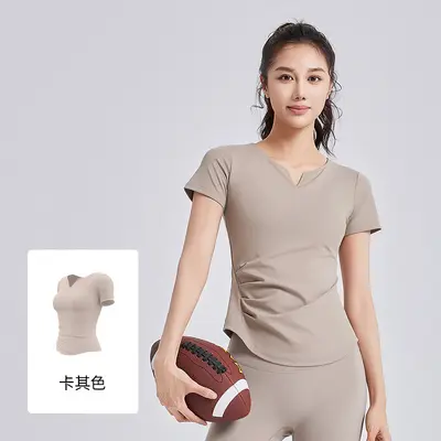 Damen Yoga-Oberteil mit V-Ausschnitt, schmale Passform, kurzarm, eingearbeitete Brustpolst - 10