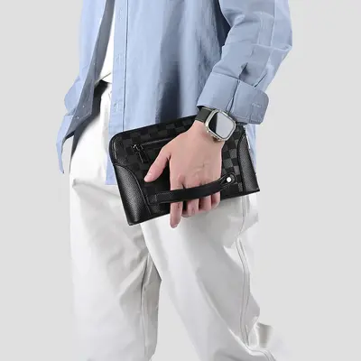 Men's Clutch Bag with Fingerprint Lock, Phone and Coin Compartments, Checkered Pattern - 7