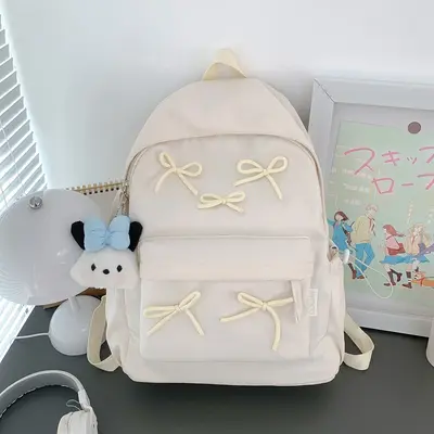 Korean Style Simple Girls' Bow School Backpack, Large Capacity with Laptop Compartment - 9