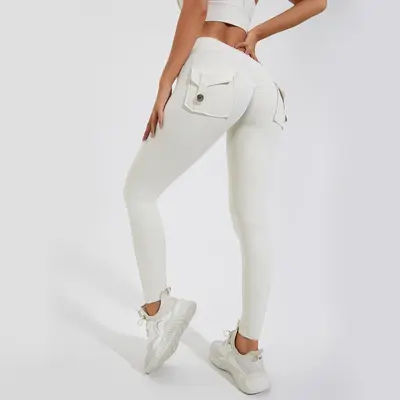 Peach Cargo Pocket Yoga Pants, High-Waist Butt-Lifting, Quick-Dry - 10