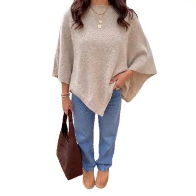 Cross-border Europe and America foreign trade autumn/winter brushed loose shawl round neck cape bat sleeve jacket three-quarter sleeve top for women