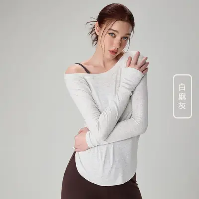 Kadın Rib Örgü Yoga Üstü, Gevşek Omuz Açık Uzun Kollu Fitness Kıyafeti - 7