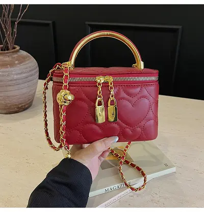 Women's Chain Bag with Diamond-Quilted Cosmetic Bag and Shoulder Strap - 9