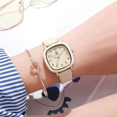 Square face quartz watch, white, for students - 7