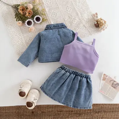 Girls' Three-Piece Set, Washed Denim Jacket, Strap Top and Pleated Denim Skirt - 4