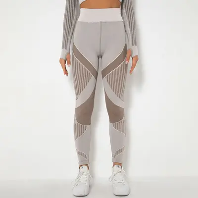 Dikişsiz örme çizgili yoga pantolonu kadın, nem emici spor taytı - 3