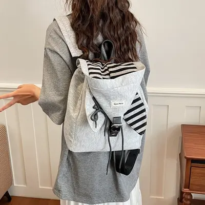 Hooded Bunny Ear Backpack for Women, Drawstring, Preppy Style - 3