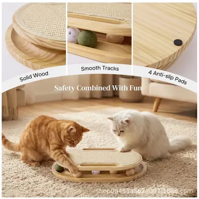Wooden Cat Scratching Board with Ball Track Toy, Indoor Sisal Scratching Pad