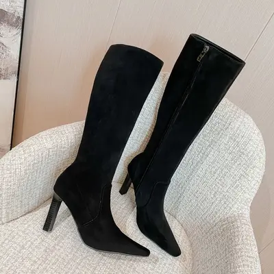 Women's Square Toe Chunky Heel Suede-Look Stretch Long Boots - 7