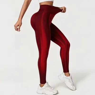 Yoga Pantolonu Kırmızı Gradyan Dikey Çizgili Yüksek Bel, Vücut Hatlı Kadın Fitness Pantolo