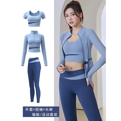 专业普拉提训练瑜伽健身服套装女速干运动服跑步撞色长袖外套上衣 - 9