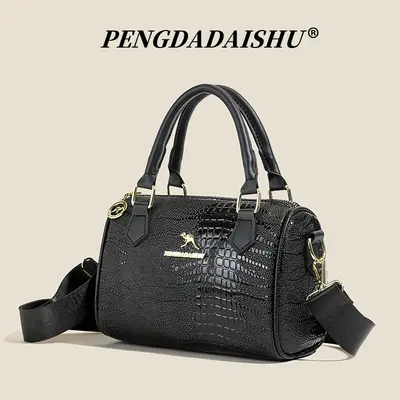 Crocodile Pattern Women's Handbag, Black, Wide Strap, Casual Crossbody - 2