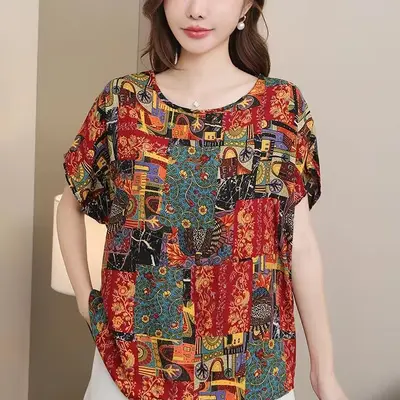 Große Größe Damen-T-Shirt mit Print, kurzarm, locker geschnitten, Viskose-Seidenmischung - 8