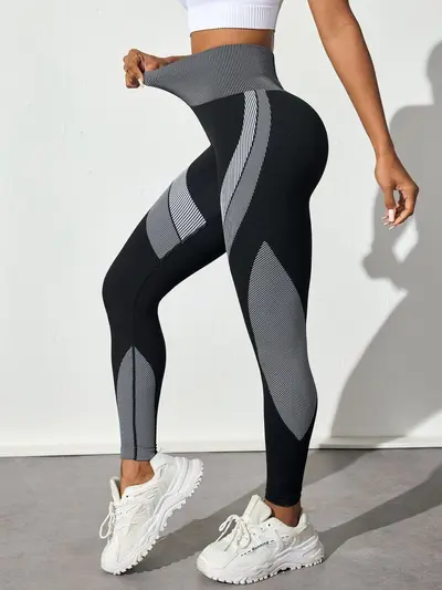 Nahtlose Yoga-Leggings mit hohem Bund, schwarz gestreift - 9