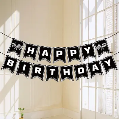 F1 Racing Theme Birthday Pull Flag, Black and White Checkered, Fishtail - 7