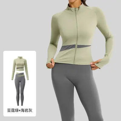 夏季拼色瑜伽服裸感高弹跑步修身运动健身服两件套女 - 7
