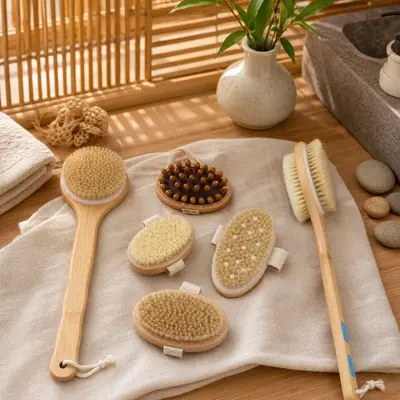 Pig Bristle Bath Brush with Long Bamboo Handle for Back Scrubbing