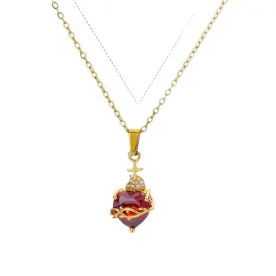 Pink Stone Gold Eros Arrow Heart Flower Necklace, Crystal Women's Necklace