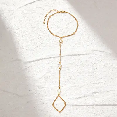 Women's Zircon Ring Connected Long Bracelet, Stainless Steel, Mini Beads