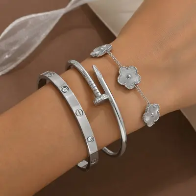 Stainless Steel Gold Bracelet Set Four-Leaf Clover Diamond - 13