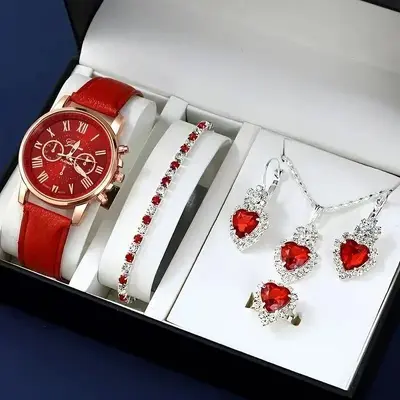 Lüks kadın kuvartz saat beş parçalı set, taşlı kolye ve küpe - 12