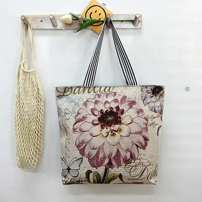 Gold Silk Fabric Women's Canvas Tote Bag with Creative Pattern - 12