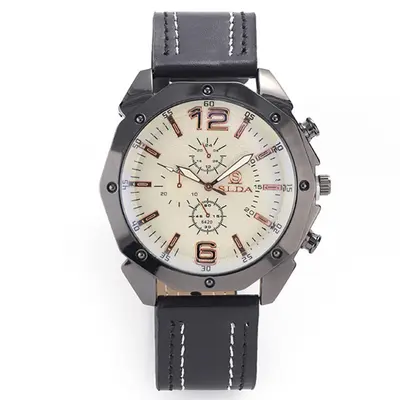 Men's quartz watch with leather strap, large dial, Korean style - 11