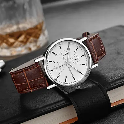 Luxuriös aussehende Nischenquarzuhren für Herren vom Hersteller, Herrendekorative Uhren im Großhandel, schlichte Herrenuhr mit Lederarmband. - 12