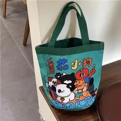 Sevimli Graffiti Baskılı Kanvas Kova Çanta, Kore Tarzı Yemek Kutusu Çantası - 13