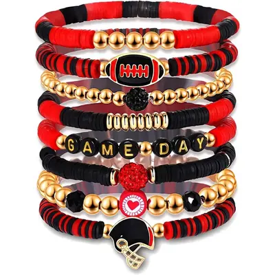 8-piece rugby bracelet set, multi-layer crystal heart, five-pointed star letter beads, soft clay friendship elastic bracelets