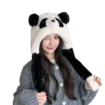 Kış peluş şapka, hareketli panda kulaklı, rüzgar geçirmez ve sıcak