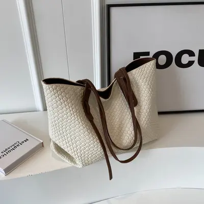 Kadın Örgü Tek Omuz Çanta, Büyük Hacimli Retro Tote Çanta - 8