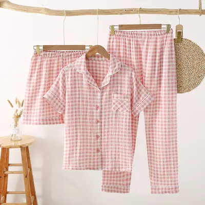 Double-Layer Pure Cotton Gauze Women's Short-Sleeve Pajama Set, 3-Piece - 7