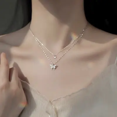 Double-Layer Butterfly Necklace for Women, Collarbone Chain
